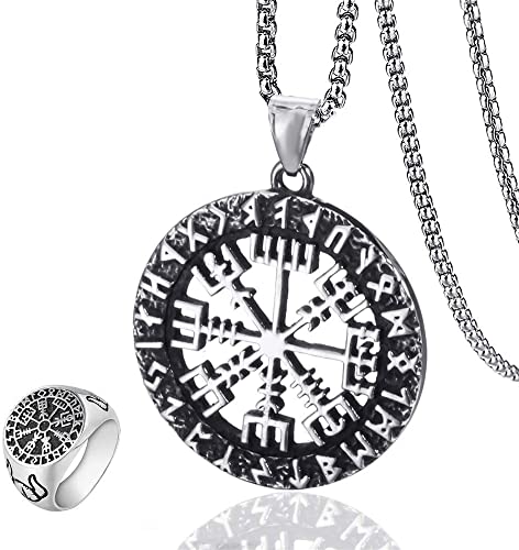 Herren-Runen-Anhänger-Halsketten-Ring-Set, nordisches Edelstahl-Runenkreis-Kompass-Amulett, handgefertigter mittelalterlicher Krieger-Charm-Talisman von Generic