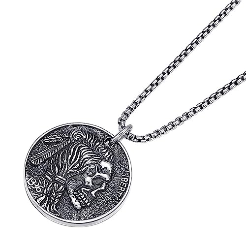 Herren S925 Sterling Silber Einzigartige Persönlichkeit Doppelseitige Totenkopf-Münzanhänger-Halskette von Generic