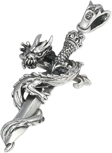 Herren S925 Sterling Silber Heiliges Schwert gewickelter Drachenkreuzanhänger personalisierte Halskette von Generic