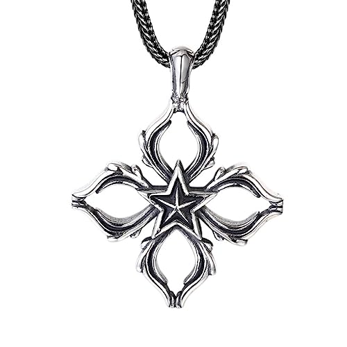 Herren S925 Sterling Silber Hip Hop Punk Blume Ranke Kreuz Pentagramm Anhänger Halskette von Generic