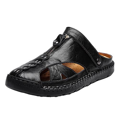 Herren Sandalen Sommer Ledersandalen Atmungsaktiv Sportlich Handgefertigt Freizeitschuhe Strandsandalen Britischer Außenhandel Leicht Bequem Outdoor Sandalen Für Männer (Black, 42) von Generic