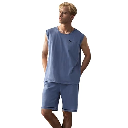 Herren Schlafanzug kurz Basic Schlafanzüge für Herren ärmelloses Pyjamaset Zweiteiliger Weich Shorty Hausanzug Einfarbig Rundhals ärmelloses T-Shirt Pyjamahose Hausanzug Tanktop +Luftig kurzer Short von Generic