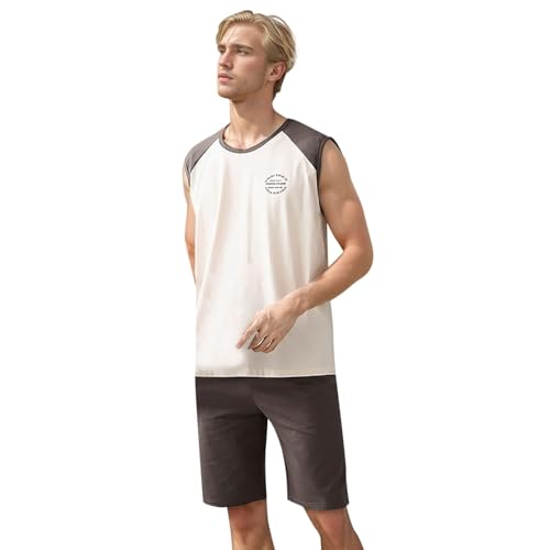 Herren Schlafanzug kurz Basic Schlafanzüge für Herren ärmelloses Pyjamaset Zweiteiliger Weich Shorty Hausanzug Einfarbig Rundhals ärmelloses T-Shirt Pyjamahose Hausanzug Tanktop +Luftig kurzer Short von Generic