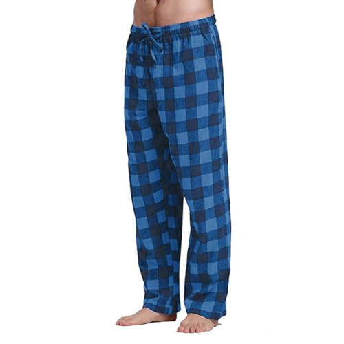 Herren Schlafanzughose Lang Baumwolle Karierte Schlafhose Superweich Pyjamahose Flanell Pyjamaunterteil Freizeithose Loungehose Männer Schlaf-Hose für Herren Pyjama Hose Nachtwäsche (Blue, S) von Generic