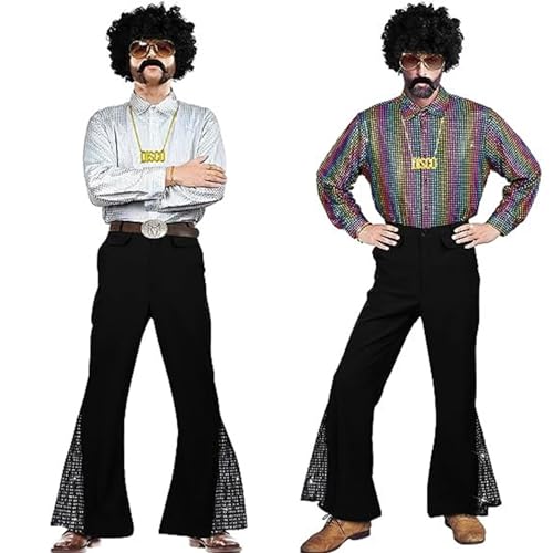 Herren Schlaghose 70er Jahre Karneval Disco Outfits Ausgestellte Hose Bootcut Schlaghose Vintage Schwarz Hippie Flare Freizeithose mit Pailletten von Generic