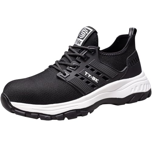 Herren Schutzschuhe Mit Stahlkappe Atmungsaktive Arbeitschuhe Mit Kevlar Mittelsohle, Leichte Schockabsorbierende Sohle Für BAU Industrie,Schwarz,44 EU von LVTFIYQX
