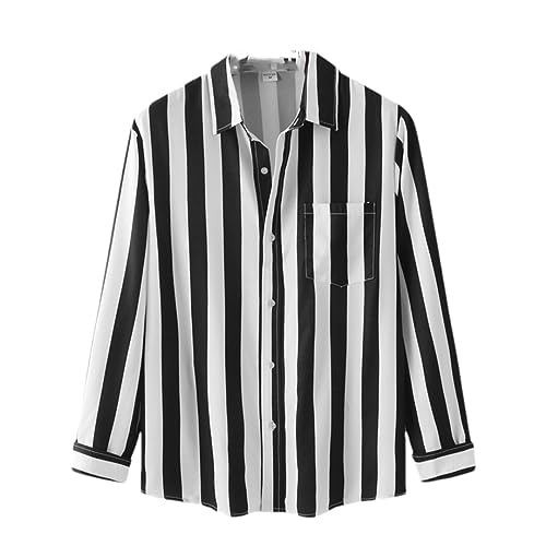 Herren Schwarz Weiß Vertikal Gestreiftes Hemd Langarm Hit Color Shirts Lässige Regular Fit, Al625375954165, L von Generic