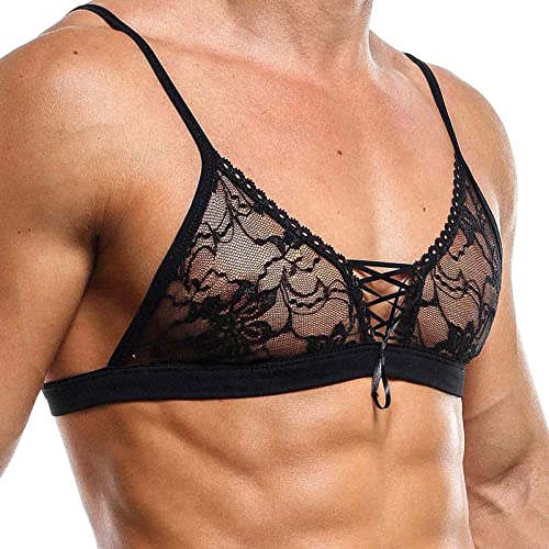 Generic Herren Sissy Unterwäsche Durchsichtige Spitzen BH Crop Top Weste Männer Sexy Dessous Bra Top Unterhemd Männer Sissy Dessous Oberteil Reizvolle Nachthemd Clubwear - Schwarz, Casual, Bralette von Generic