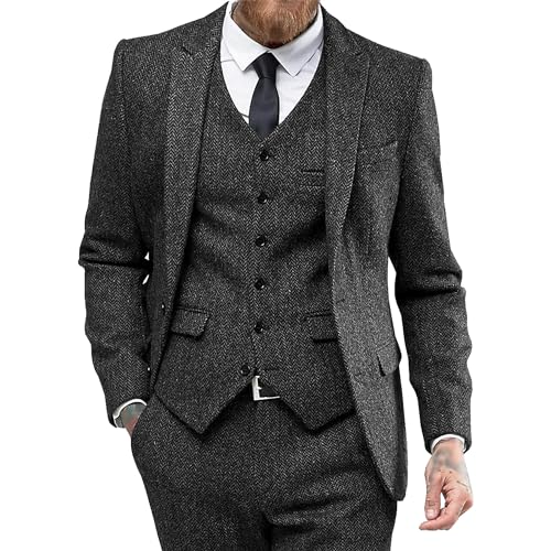 Herren Slim Fit Business Formal Anzug 3 Stück Tweed Herringbone Hochzeitsanzug Smoking Anzüge für Dinner Party Prom (Dunkelgrau,5XL) von Generic
