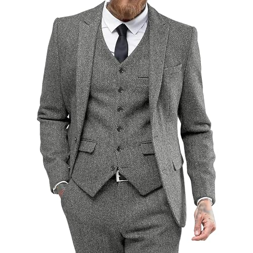 Herren Slim Fit Business Formal Anzug 3 Stück Tweed Herringbone Hochzeitsanzug Smoking Anzüge für Dinner Party Prom (Hellgrau,XXL) von Generic