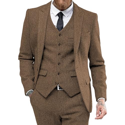 Herren Slim Fit Business Formal Anzug 3 Stück Tweed Herringbone Hochzeitsanzug Smoking Anzüge für Dinner Party Prom (Khaki,S) von Generic