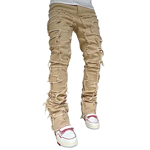 Herren Slim Fit Jeans Distressed Patchwork Stacked Frayed Skinny Denim Hose mit geradem Bein Hip Hop Harajuku Jeans (Khaki, L) von Generic