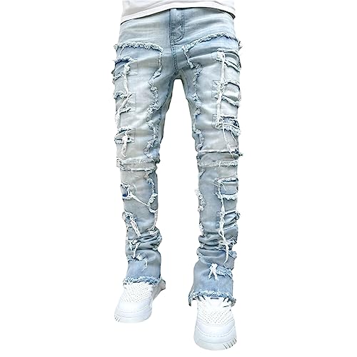 Herren Slim Fit Jeans Distressed Patchwork Stacked Frayed Skinny Denim Hose mit geradem Bein Hip Hop Harajuku Jeans (Light Blue, L) von Generic