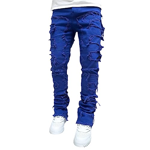 Herren Slim Fit Jeans Distressed Patchwork Stacked Frayed Skinny Denim Hose mit geradem Bein Hip Hop Harajuku Jeans (Royal Blue, S) von Generic