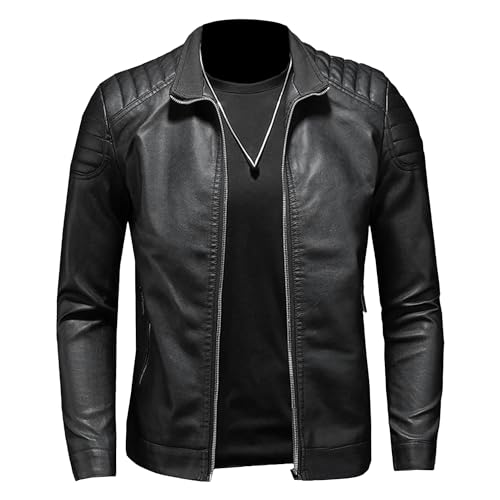 Herren Slim Fit Leder Bomberjacke Motorradjacke mit Reißverschluss und Stehkragen Leichte Moto Biker Outwear (Schwarz,XL) von Generic