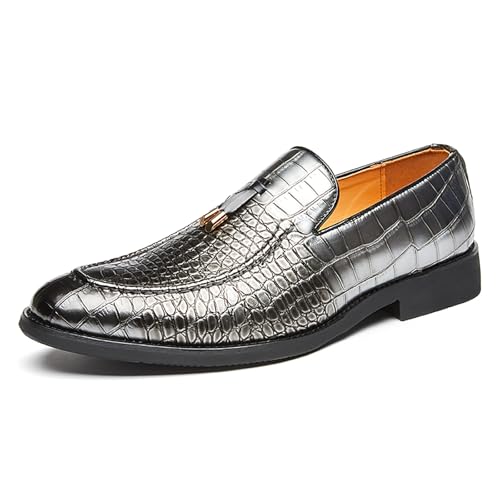 Herren Slip-On Loafers Handgemachte Lederschuhe Atmungsaktiv Bequem Weich Quaste Krokodil Druck Freizeitschuhe Für Männer,Silber,42.5 EU von Generic