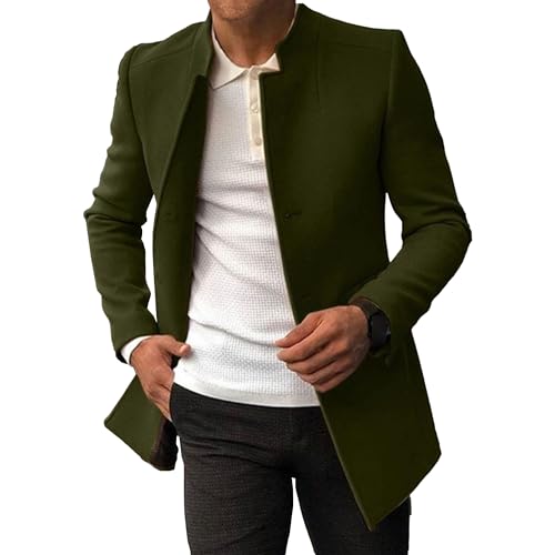 Herren Solid Color Slim Trenchcoat 3 Knöpfe Stehkragen Wollmischung Erbsenmäntel Winter Warm Business Anzug Mantel (Armeegrün,L) von Generic
