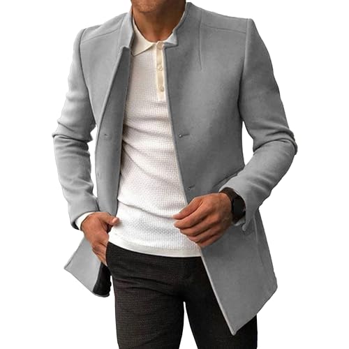 Herren Solid Color Slim Trenchcoat 3 Knöpfe Stehkragen Wollmischung Erbsenmäntel Winter Warm Business Anzug Mantel (Hellgrau,M) von Generic