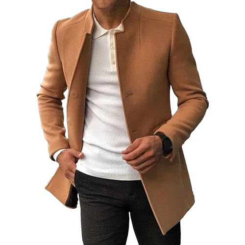 Herren Solid Color Slim Trenchcoat 3 Knöpfe Stehkragen Wollmischung Erbsenmäntel Winter Warm Business Anzug Mantel (Kamel,M) von Generic