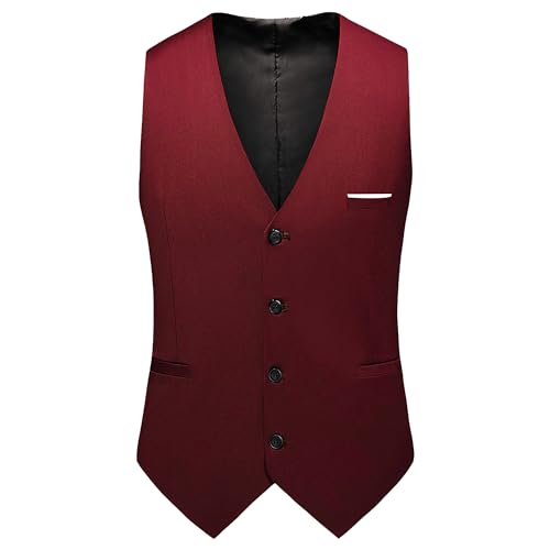 Herren Solid Farbe Stilvolle Smoking Weste Ärmellose Weste mit V-Ausschnitt und Knöpfen Slim Fit Anzug Weste für Hochzeit Prom (Weinrot,3XL) von Generic