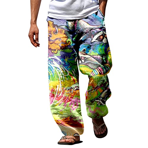 Herren Sommerhose Lang DüNn - Strandhose Herren Loose Fit mit Druck Bunt Hippie Outdoorhose Leinenhose üBergrößE Gummilzug Freizeithose mit Kordelzug Bequemem Atmungsaktiv Sporthose Jogginghose von Generic