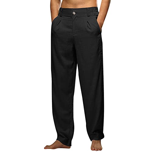 Herren Sommerhose Mode Herren Casual Einfarbig Test Hose Atmungsaktive Leinenhose Elastische Taille Hosen Große Größe Komplett Fitnessstudio, Schwarz , 56 von Generic