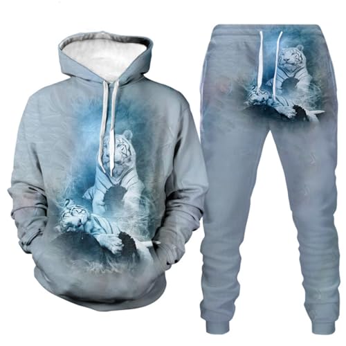 Herren Sport Hoodie Sweatshirt Set Langarm Sweathose Halloween Tier Wolf Tiger Muster Männer Jogging Anzug Track und Feld Anzug zweiteiliges Set (5,5XL) von Generic