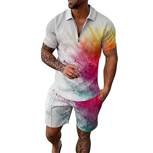 Herren Sportanzug 2 Teiliges Outfit, Trainingsanzug FüR Herren Sport Set Kurzarm T-Shirts + Kurze Hose, Freizeitanzug Business Polo Hemd Mit Halber ReißVerschluss Zweiteiliges Set von Generic