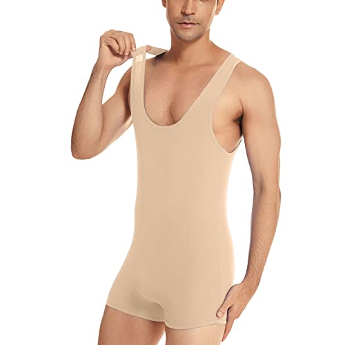 Herren Sportbody kurzes Bein Ringerrücken feingestricktes Singlet Bodysuit Unterhose Männer Unterhemd Sport Unterwäsche Beige M von Generic