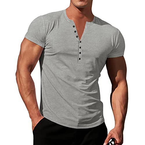 Herren Strick Stretch Henley Shirt Workout Slim Fit Kurzarm T-Shirts Athletic Muscle Casual T-Shirt Weißes Unterhemd von Generic