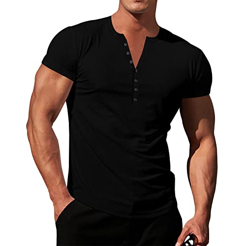 Herren Strick Stretch Henley Shirt Workout Slim Fit Kurzarm T-Shirts Athletic Muscle Casual T-Shirt Weißes Unterhemd von Generic