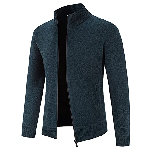 Herren Strickjacke mit Reissverschluss Dicker Pullover ohne Kapuze Stehkragen Winter Warm Fleece-gefüttert Wintermantel Cardigan mit Reißverschluß und Taschen Feinstrike(Navy,XL) von Generic