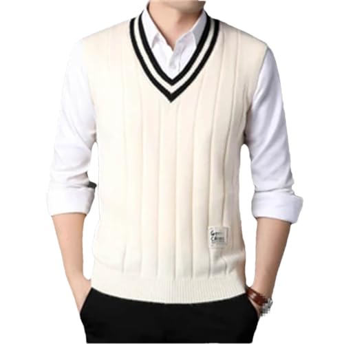 Herren Strickpullover Tank Pullover Streifen Basic Pullover Ärmellos Junge für Herbst Winter V-Ausschnitt, beige, Medium von Generic