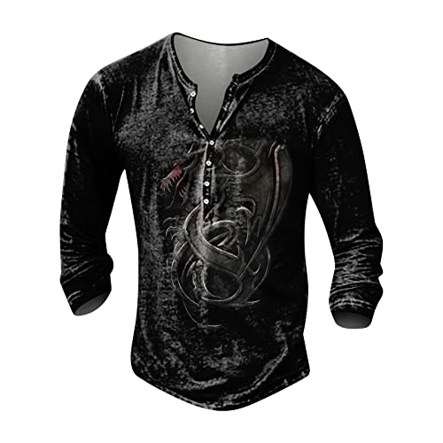 Herren T-Shirt Extra Lang Herren Hemd Kurzarm Herren T-Shirt V-Ausschnitt Retro Muster Gedruckt Knopfleiste Henley Shirt Langarm Muskelshirts Vintage Tactical Shirts Cowboy Hemd (Schwarz 4XL) von Generic