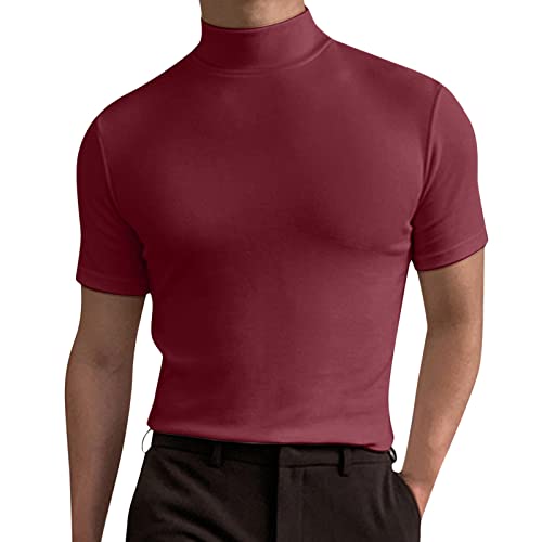 Herren T-Shirt Kurzarm Rollkragenpullover Basic Stehkragen Slim Fit Solid Tops Herren Slim Fit Sweatshirt Sports Thermo Unterhemd Herren Rollkragen T-Shirt Herren Stehkragen (Red, M) von Generic