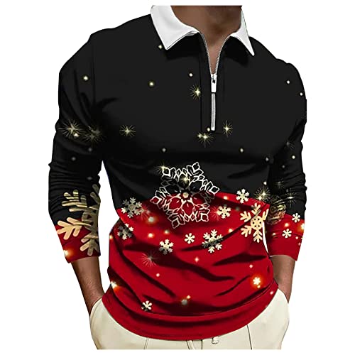 Herren T-Shirt Weihnachtlicher Polo Shirts Trachten T-Shirts mit Halber Reißverschluss Langarm-Hemd Freizeithemden Locker Größe Large hemd mit 3D-Digital-Weihnachtsdruck Weihnachten Freude von Generic