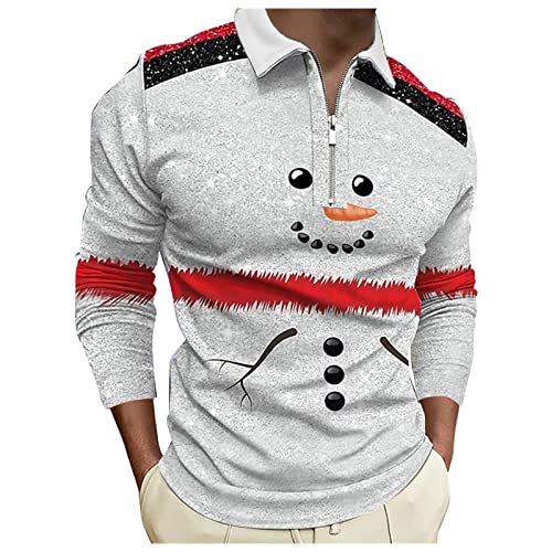 Herren T-Shirt Weihnachtlicher Polo Shirts Trachten T-Shirts mit Halber Reißverschluss Langarm-Hemd Freizeithemden Locker Größe Large hemd mit 3D-Digital-Weihnachtsdruck Weihnachten Freude von Generic