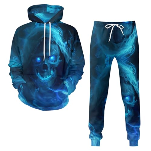 Herren Totenkopf Druck Trainingsanzug Set 2 Stück Herren Jogginganzug 3D Skull Pattern Hoodie Und Hose Kapuzenpullover Zweiteiliges Set (Totenkopf-4,4XL) von Generic