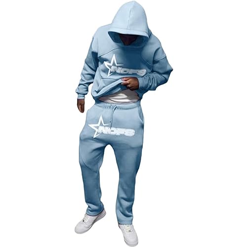 Herren Trainingsanzug Nofs Anzug Tracksuit Buchstaben Aufdruck Unisex Jogging Anzug Set 2 Piece Hoodie Sporthose Sportanzug Tracksuit Unisex Jogging Anzug Set mit Hoodie und Hose Hellblau M von Generic