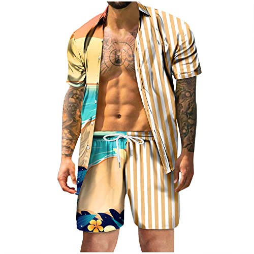 Herren Trainingsanzug Set Herren Sommer Mode Freizeit Hawaii Küste Urlaub Strand Digitaler 3D-Druck Kurzarm Hemd Shorts Strand Hosenanzug von Generic