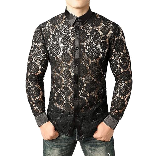Herren Transparent Blumen Spitze Button Down Langarm Freizeit Hemd outfits von Generic