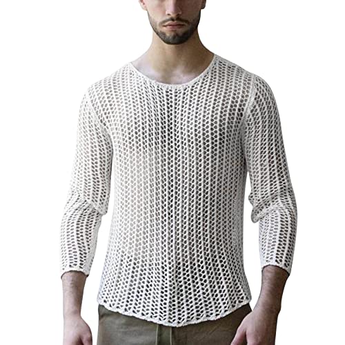 Herren Transparent Shirts Transparent Shirts Langarm Netz Langarm Netz Unterhemd Fishnet Durchsichtig Strick Pullover Rundhals Langarm Lose Cover Up Hollow-Out Strickoberteil Streetwear von Generic