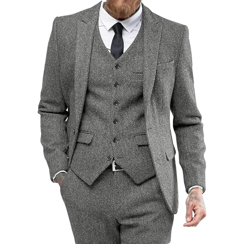 Herren Tweed Herringbone Formal Anzug Set Slim Fit 3 Stück Hochzeit Anzug Prom Tuxedos Business Groomsmen Dress Suit (Hellgrau,XXL) von Generic