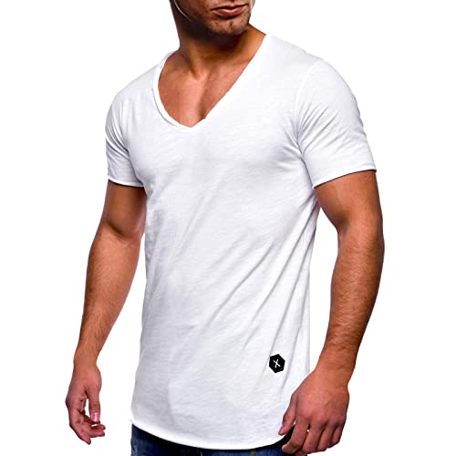 Herren Uni T-Shirt mit extra tiefem V-Ausschnitt Slimfit deep V-Neck Stretch dehnbar einfarbiges Basic Shirt (M-XXXL) von Generic