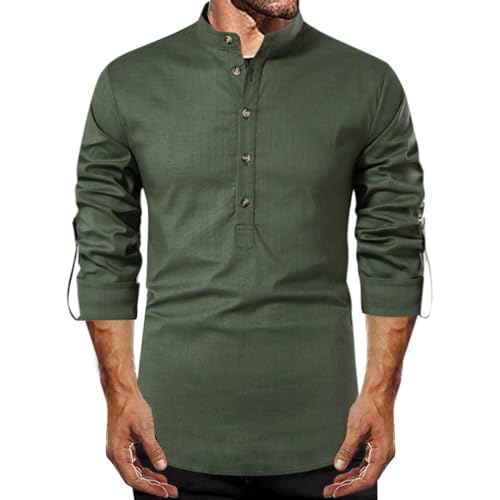 Herren Unterhemden Langarm Leinenhemd Einfarbige Baumwolle Leichte Freizeithemden Frühling Sommer Stehkragenhemd Button Down Shirts Bequem Atmungsaktive von Generic