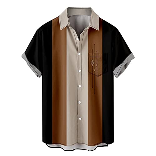 Herren Vintage Bowling Shirt 1950er Retro Rockabilly Stil Kurzarm Button Down Musik Hawaiihemden lässig kurzärmelig Knopfleiste kontrastierendes Hemd Farbblock kubanische Hemden von Generic