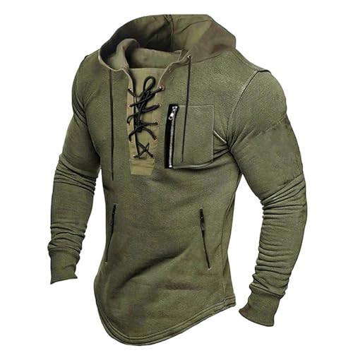 Herren Vintage Hoodie Langarm Shirt Männer Lace Up Hooded Langarmhemd Distressed Casual Outdoor Taktisch Pullover Hemd mit Kapuze Sweatshirt Training Pullover von Generic