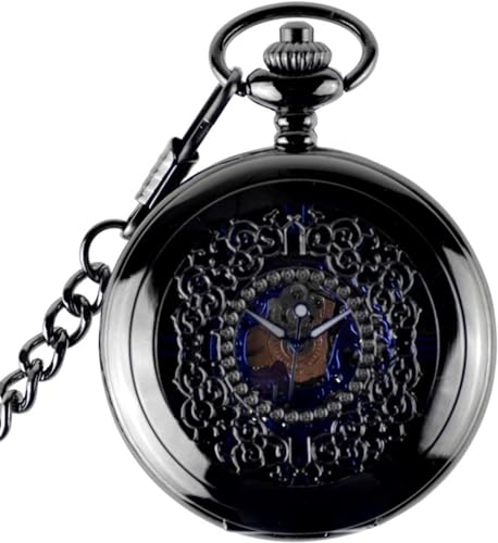 Herren Vintage Taschenuhr gebrochene Blume schwarz mechanische Uhren Klappe Skelett Anhänger Uhr mit Kette von Generic