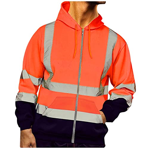 Herren Warnjacke Sicherheitsjacke Winterjacke Warnschutzjacke Arbeitsjacke Klassische Kontrast Warnschutz-Regenjacke mit reflektierenden Streifen, Warnschutzjacke mit Kapuze Orange M von Generic