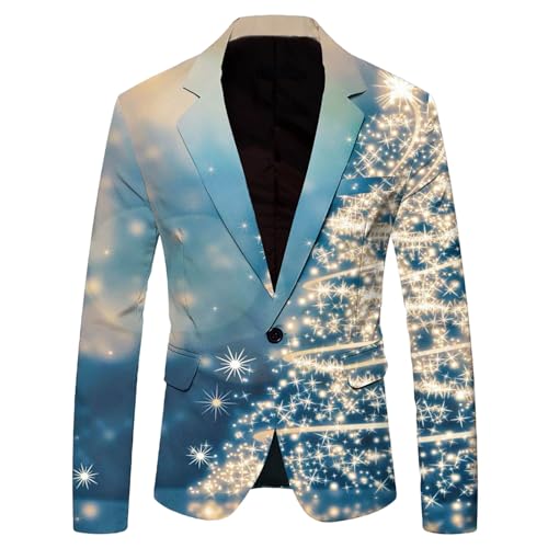 Herren Weihnachtsjacke Modern Weihnachten Sakko Herren Bedruckte Langarm Anzugjacke Xmas Kostüm Sportlich Freizeit Sakko Slim Fit Lässiger Urlaubsblazer Festliches Outfit (Light Blue, XXXL) von Generic